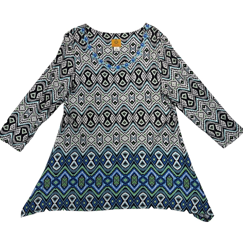 Ruby Rd. Tunic Top Womens Size M Aztec Tribal Print Beaded Neckline